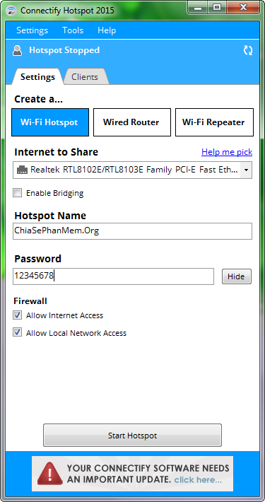 Phần mềm phát wifi từ máy tính - Connectify Hotspot 2015 MAX